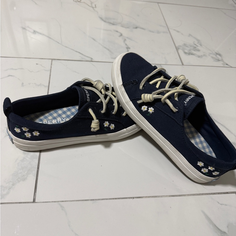 Sperry Navy Sneakers with White Floral Details